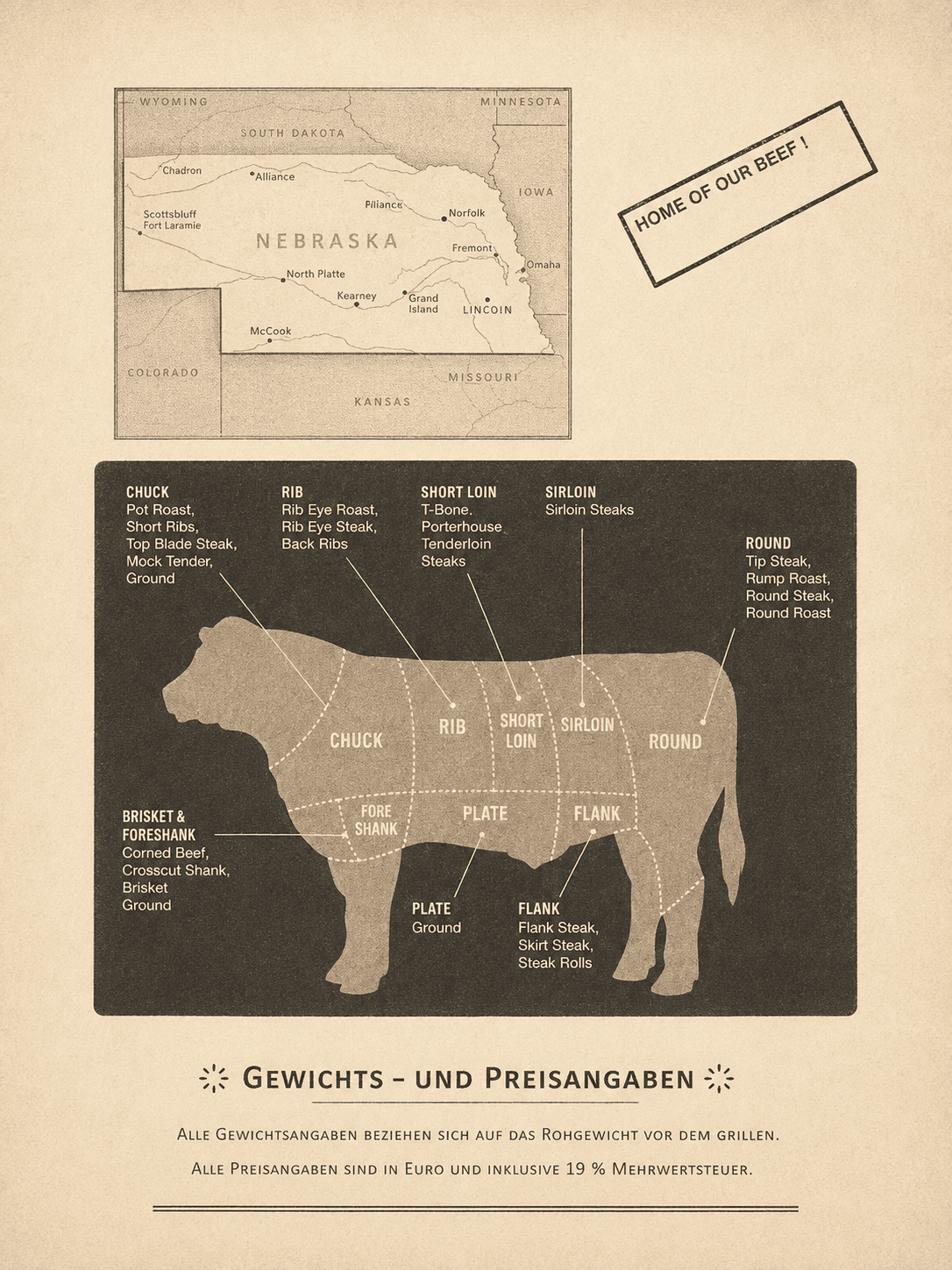 Menüseite von ROOM mit Karte von Nebraska, Beef-Cut-Diagramm und Hinweisen zu Gewichts- und Preisangaben